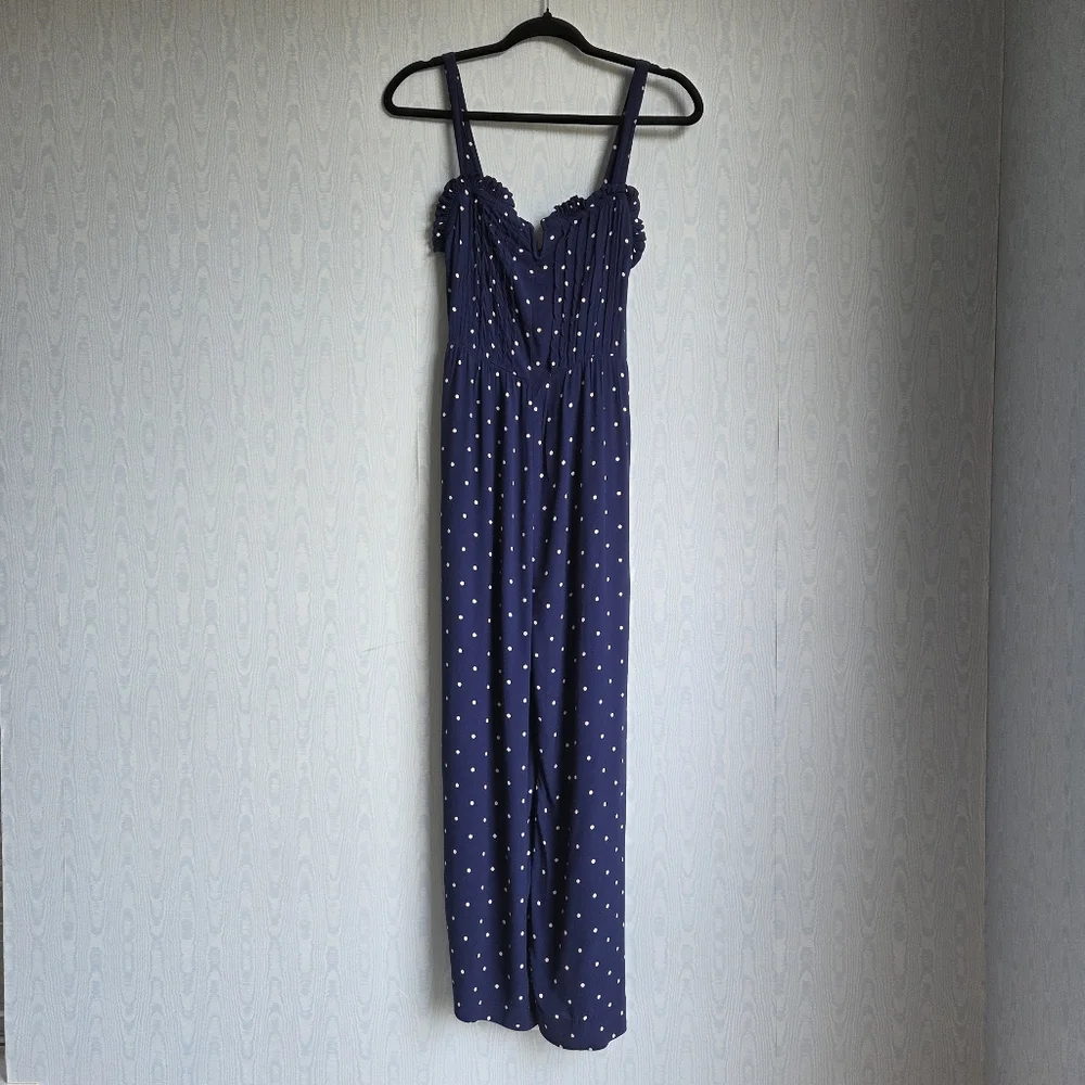 Madewell Cami Pintuck Convertible Ruffle Navy White Polka Dot Jumpsuit‎ 00